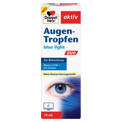 Abbildung der Produktverpackung Doppelherz aktiv Augen-Tropfen blue light DUO Frontansicht